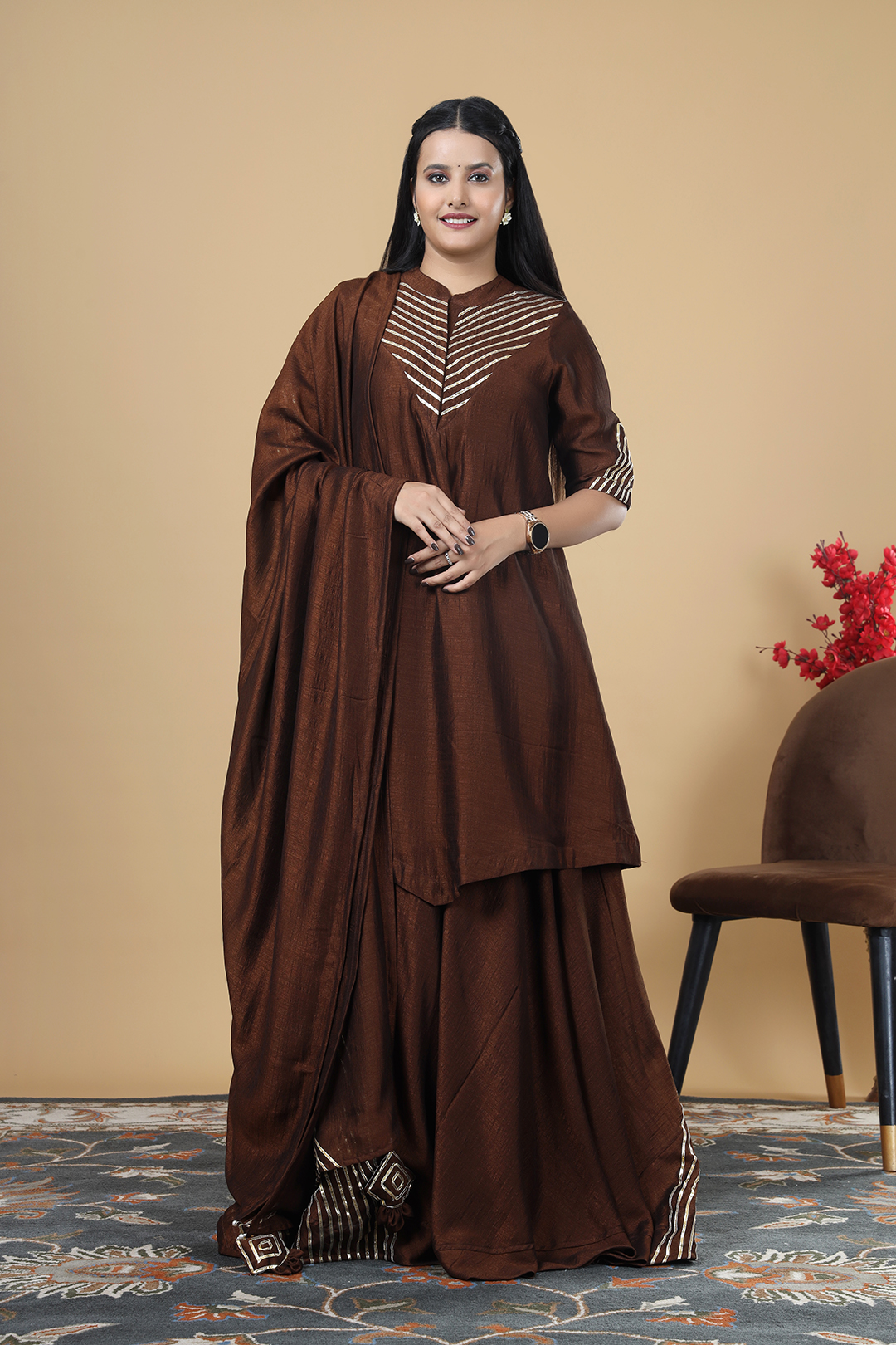 Vglame Brown V Silk Kurta Set with Gota Work & Tassel Dupatta